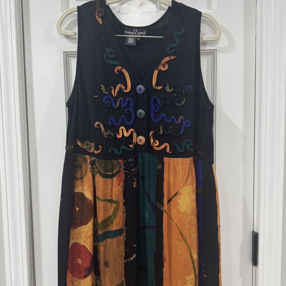 Carole Little Womens 16 Maxi Dress Abstract Boho Art To Wear Ribbon Applique